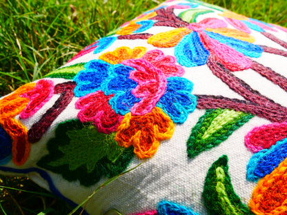 Colorful Kashmiri Crewel Pillow Cover: Handcrafted by Artisans 16x16 inches Handembroidered wool on cotton