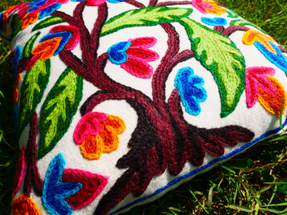 Colorful Kashmiri Crewel Pillow Cover: Handcrafted by Artisans 16x16 inches Handembroidered wool on cotton