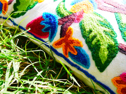 Colorful Kashmiri Crewel Pillow Cover: Handcrafted by Artisans 16x16 inches Handembroidered wool on cotton
