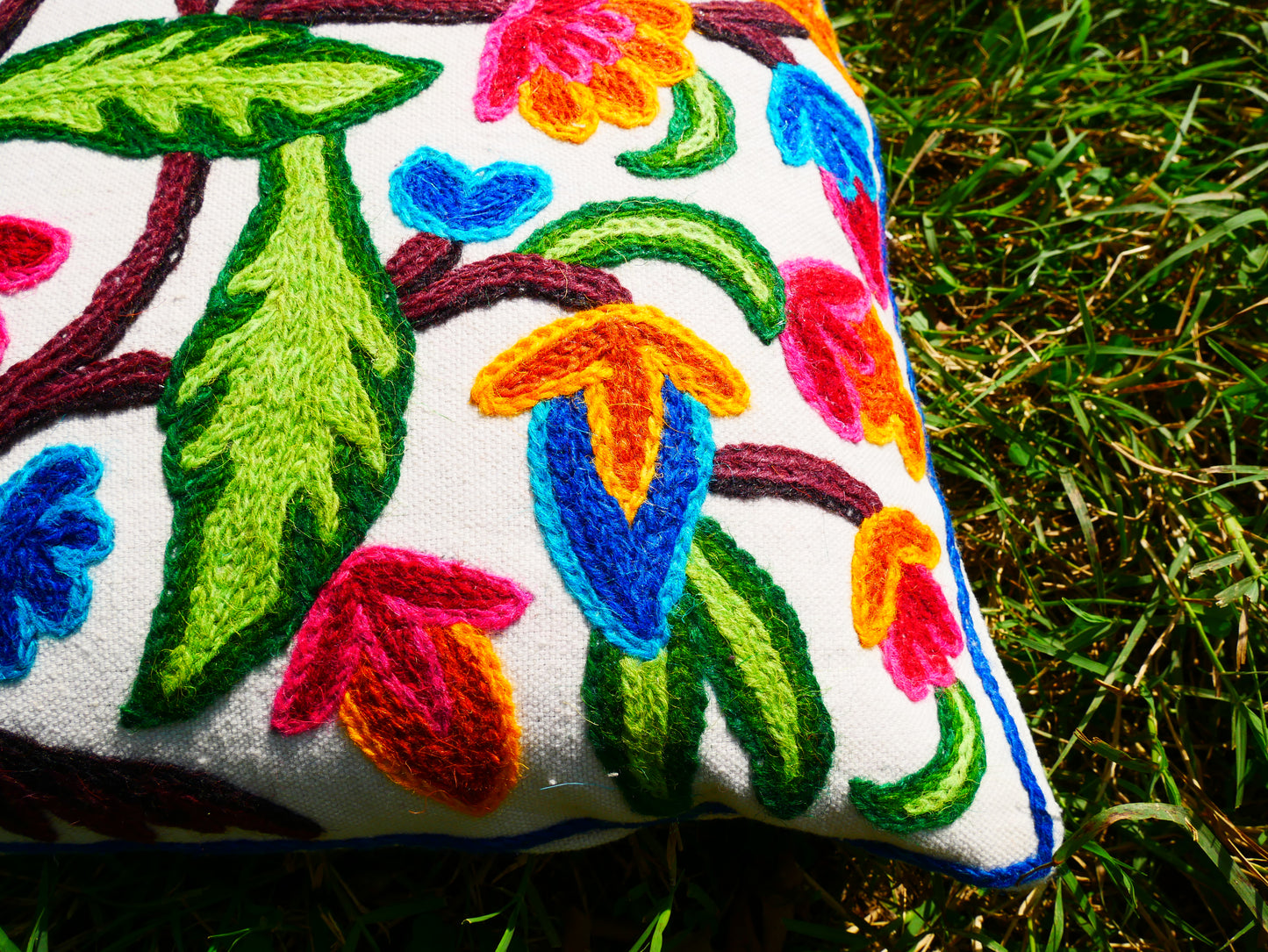 Colorful Kashmiri Crewel Pillow Cover: Handcrafted by Artisans 16x16 inches Handembroidered wool on cotton