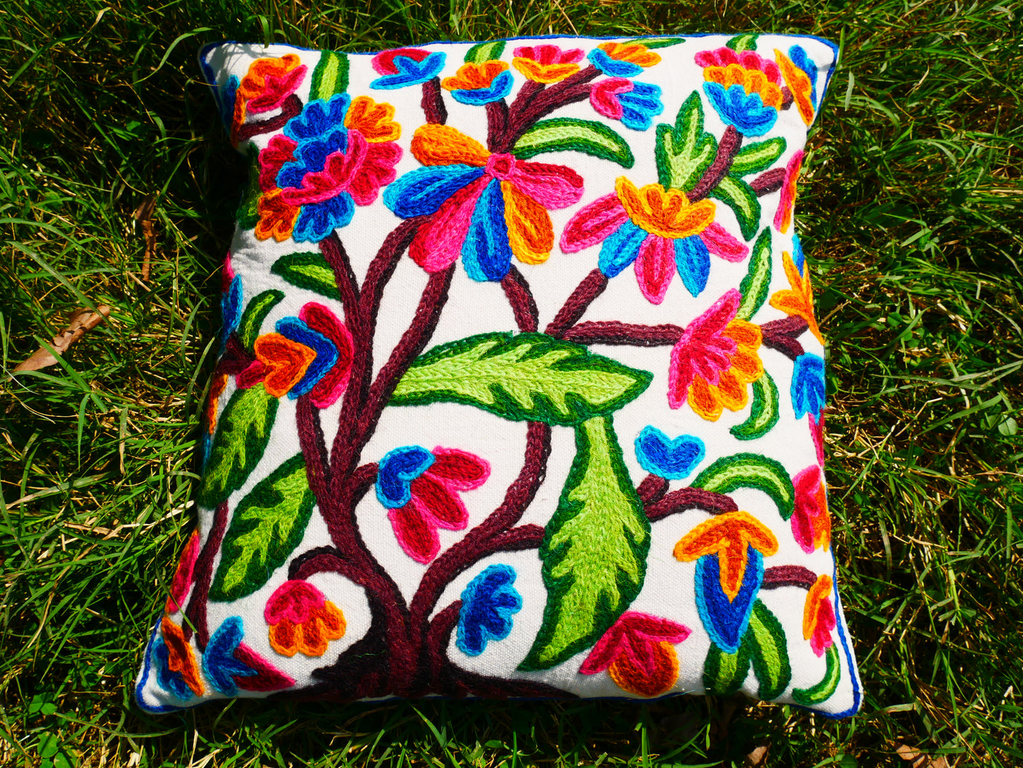 Colorful Kashmiri Crewel Pillow Cover: Handcrafted by Artisans 16x16 inches Handembroidered wool on cotton