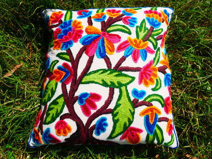 Colorful Kashmiri Crewel Pillow Cover: Handcrafted by Artisans 16x16 inches Handembroidered wool on cotton