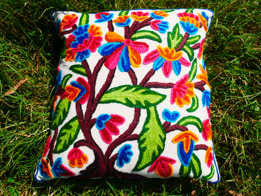 Colorful Kashmiri Crewel Pillow Cover: Handcrafted by Artisans 16x16 inches Handembroidered wool on cotton