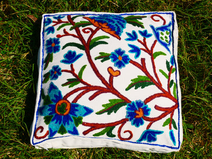 Kashmiri Meditation Cushion Covver – Hand Embroidered Floral Design