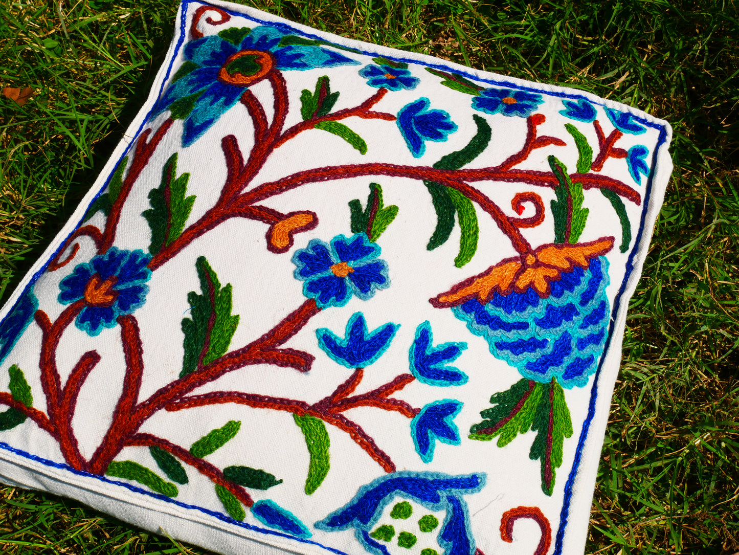Kashmiri Meditation Cushion Covver – Hand Embroidered Floral Design