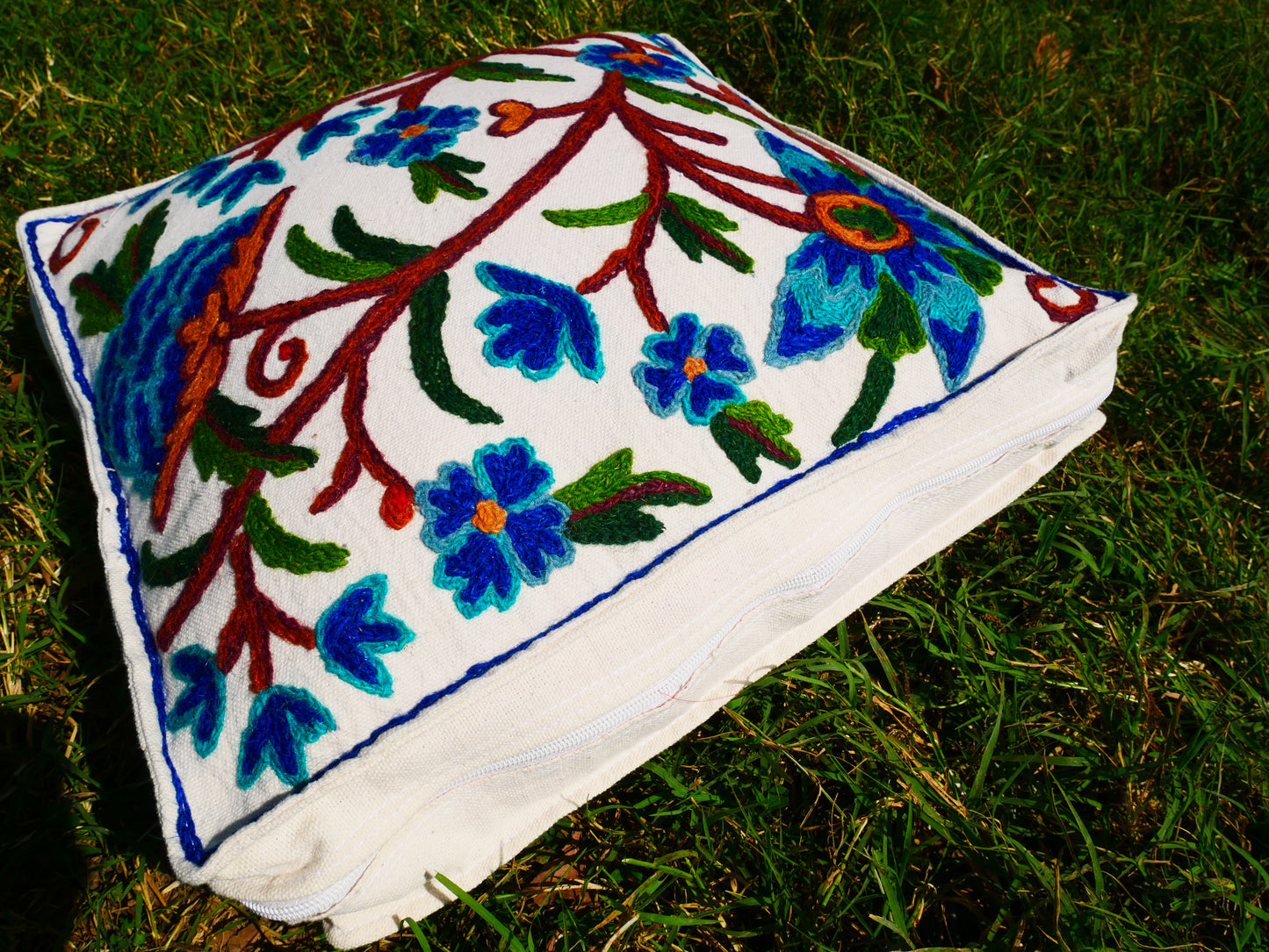 Kashmiri Meditation Cushion Covver – Hand Embroidered Floral Design