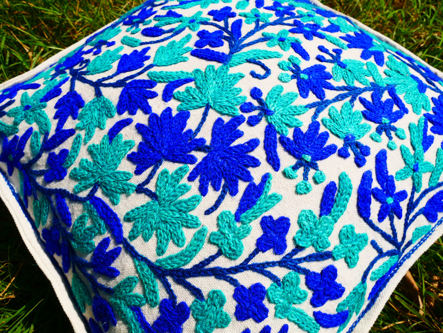Artisan Kashmiri Embroidered Mandala Cushion Cover – Boho Hippie Floor Pillow for Meditation or Lounge Decor (Cover Only)