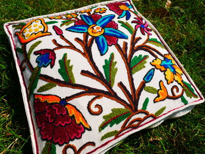 Kashmiri Meditation Cushion Covver – Hand Embroidered Floral Design
