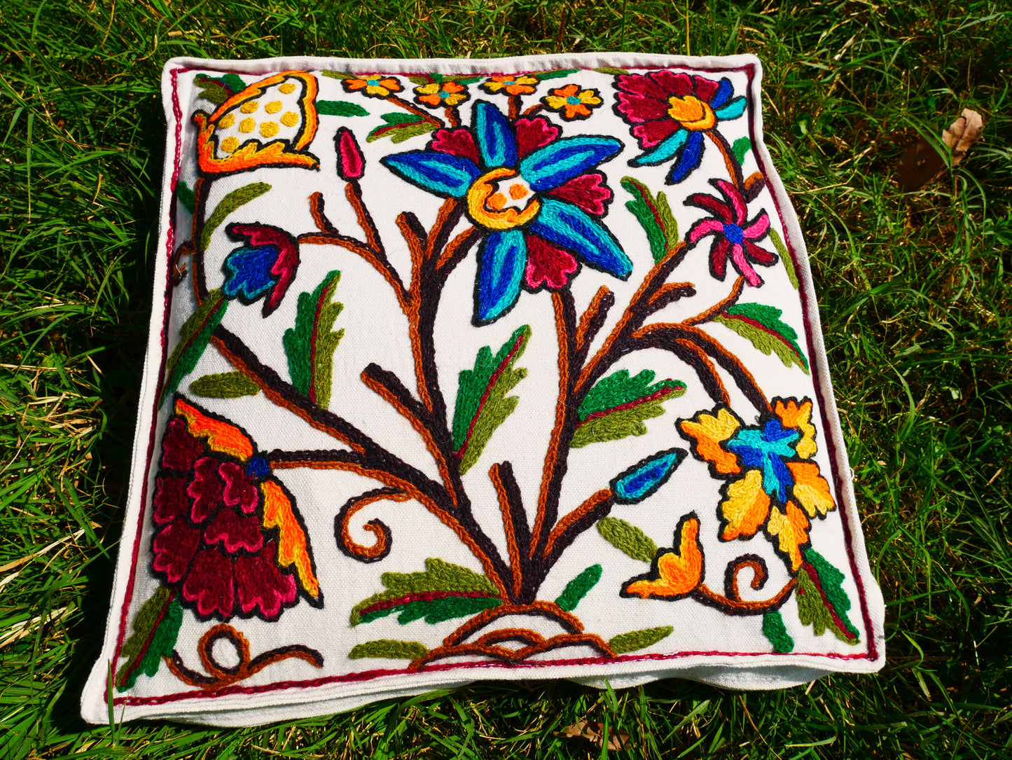 Kashmiri Meditation Cushion Covver – Hand Embroidered Floral Design