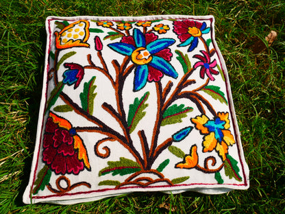 Kashmiri Meditation Cushion Covver – Hand Embroidered Floral Design