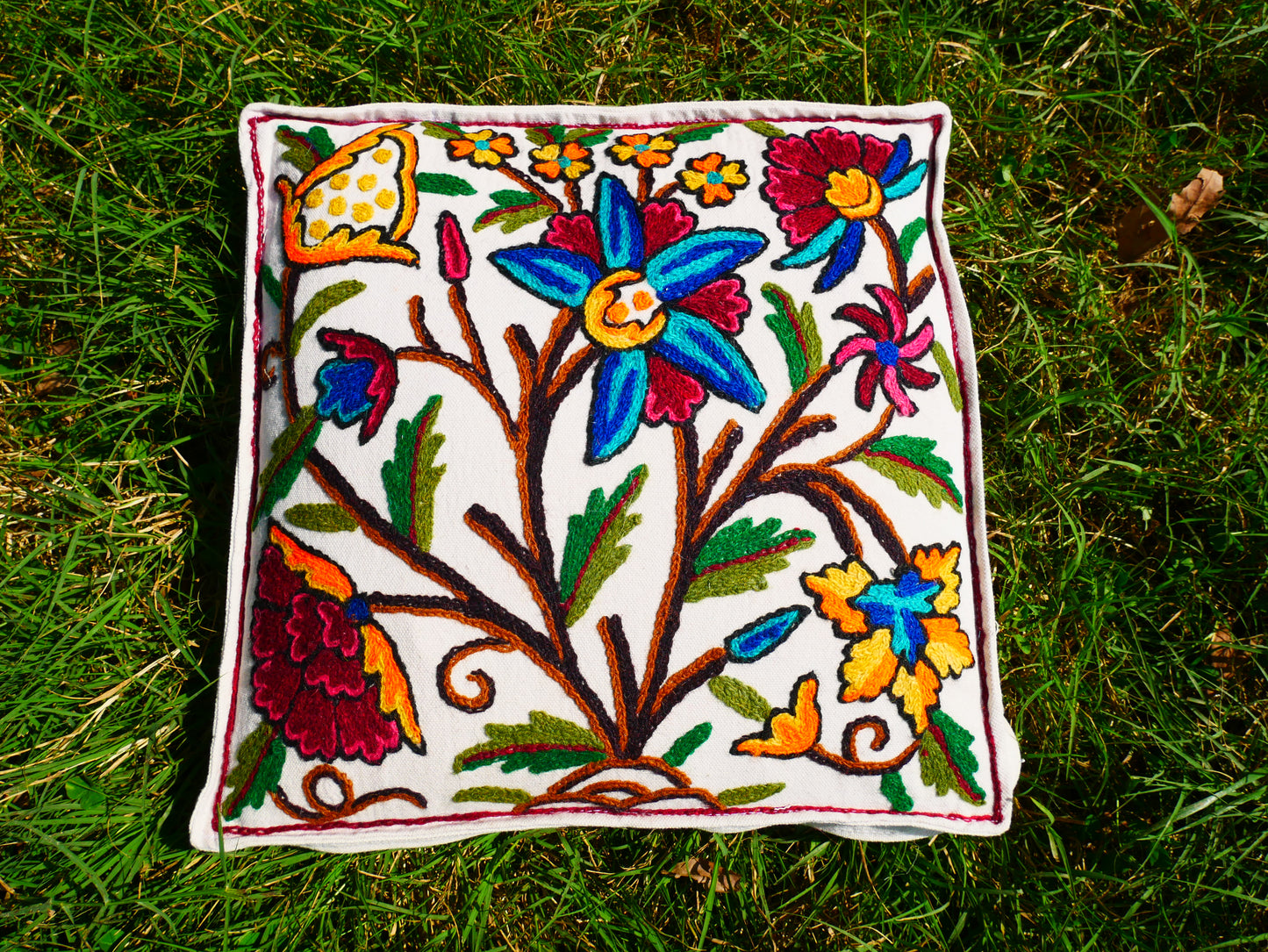 Kashmiri Meditation Cushion Covver – Hand Embroidered Floral Design