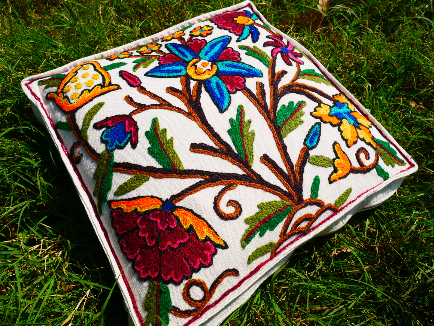 Kashmiri Meditation Cushion Covver – Hand Embroidered Floral Design