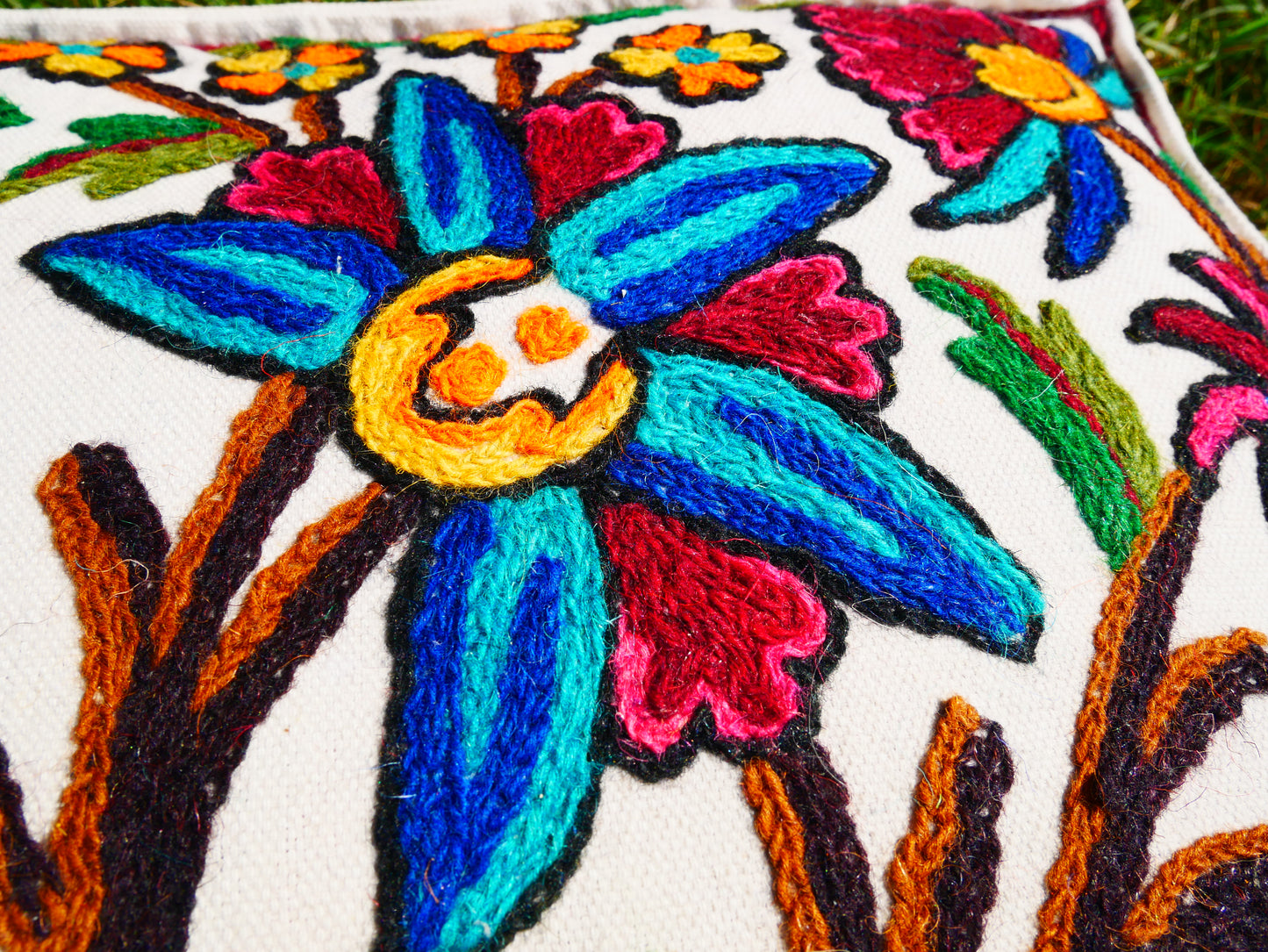 Kashmiri Meditation Cushion Covver – Hand Embroidered Floral Design