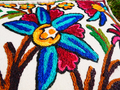 Kashmiri Meditation Cushion Covver – Hand Embroidered Floral Design