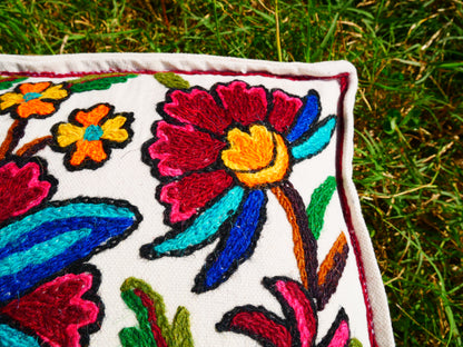 Kashmiri Meditation Cushion Covver – Hand Embroidered Floral Design
