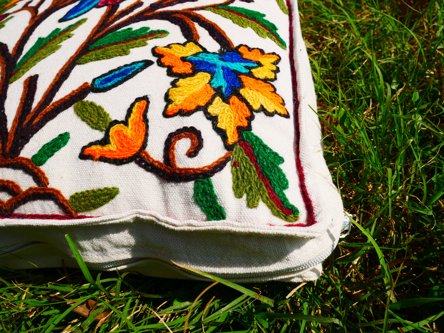 Kashmiri Meditation Cushion Covver – Hand Embroidered Floral Design