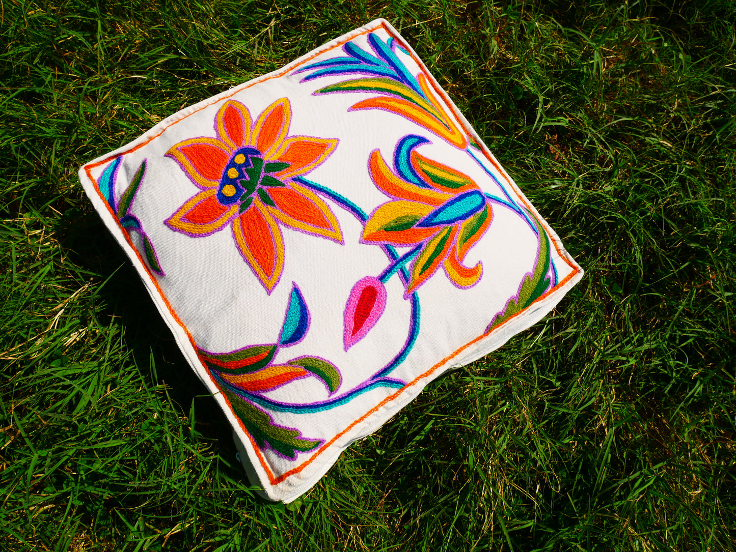 Artisan Kashmiri Embroidered Mandala Cushion Cover – Boho Hippie Floor Pillow for Meditation or Lounge Decor (Cover Only)