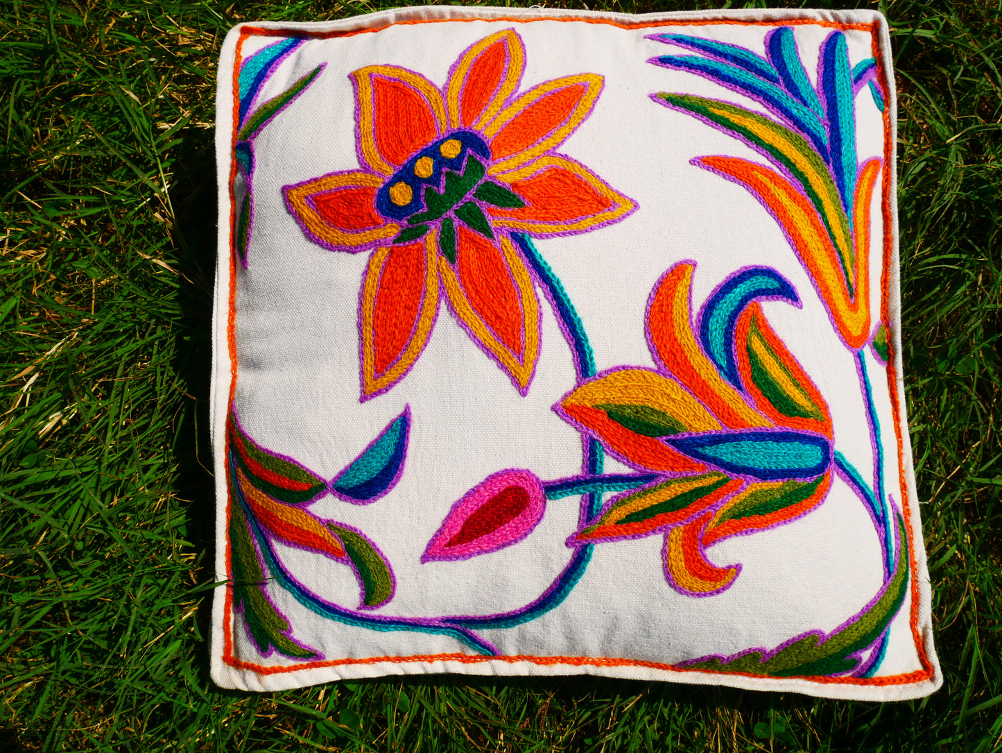 Artisan Kashmiri Embroidered Mandala Cushion Cover – Boho Hippie Floor Pillow for Meditation or Lounge Decor (Cover Only)