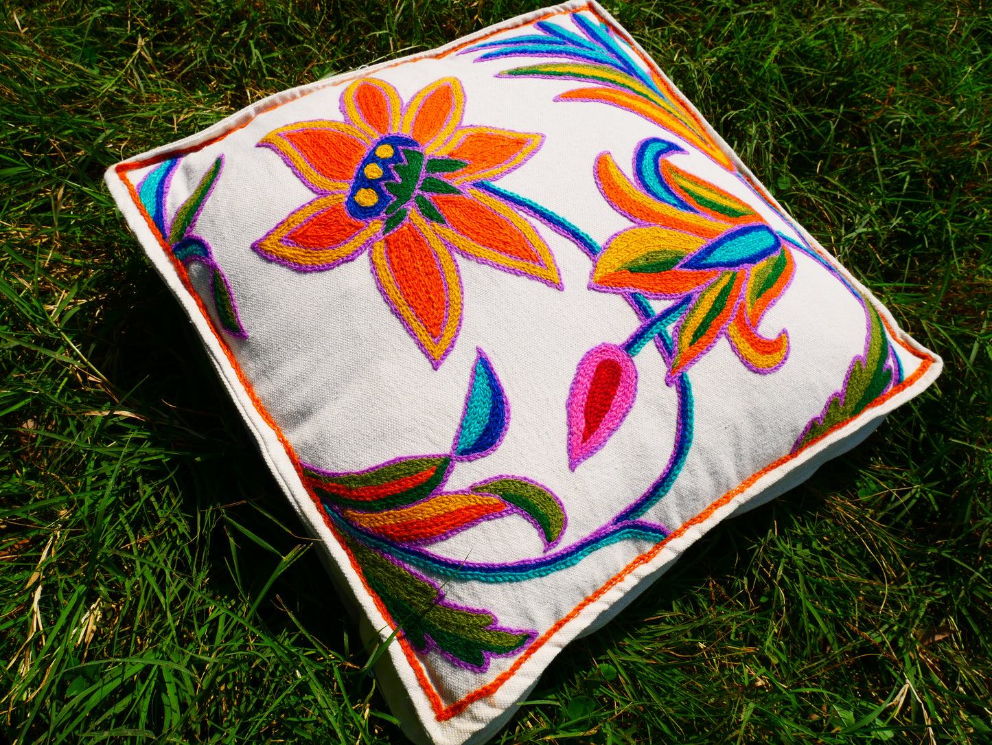 Artisan Kashmiri Embroidered Mandala Cushion Cover – Boho Hippie Floor Pillow for Meditation or Lounge Decor (Cover Only)