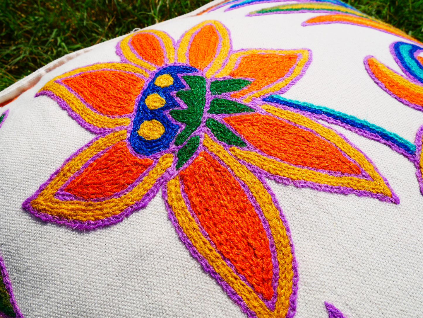 Artisan Kashmiri Embroidered Mandala Cushion Cover – Boho Hippie Floor Pillow for Meditation or Lounge Decor (Cover Only)
