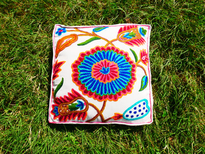 Artisan Kashmiri Embroidered Mandala Cushion Cover – Boho Hippie Floor Pillow for Meditation or Lounge Decor (Cover Only)