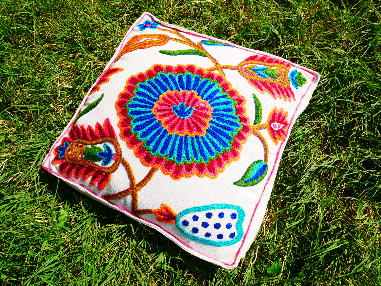 Artisan Kashmiri Embroidered Mandala Cushion Cover – Boho Hippie Floor Pillow for Meditation or Lounge Decor (Cover Only)