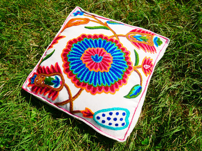 Artisan Kashmiri Embroidered Mandala Cushion Cover – Boho Hippie Floor Pillow for Meditation or Lounge Decor (Cover Only)