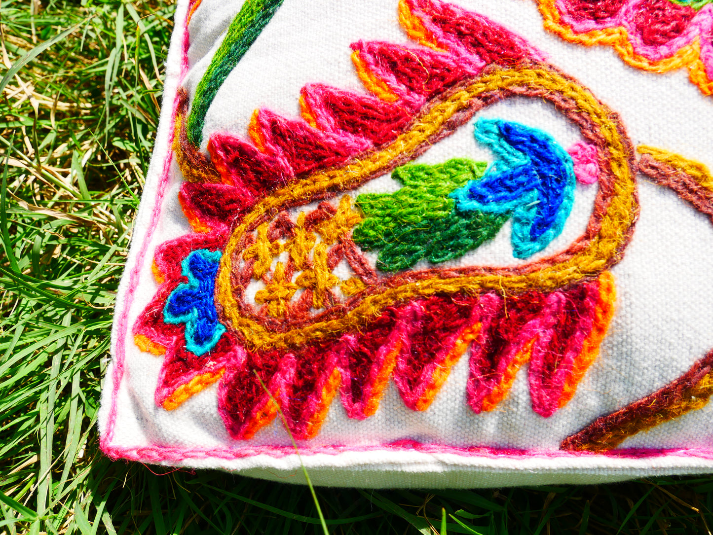 Artisan Kashmiri Embroidered Mandala Cushion Cover – Boho Hippie Floor Pillow for Meditation or Lounge Decor (Cover Only)