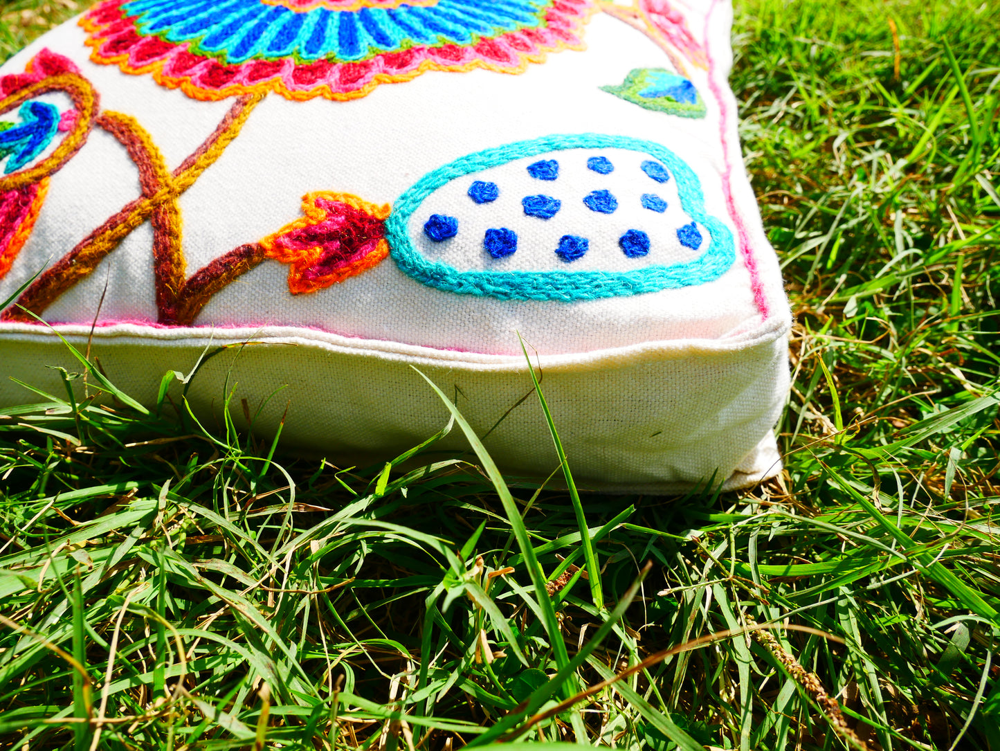 Artisan Kashmiri Embroidered Mandala Cushion Cover – Boho Hippie Floor Pillow for Meditation or Lounge Decor (Cover Only)