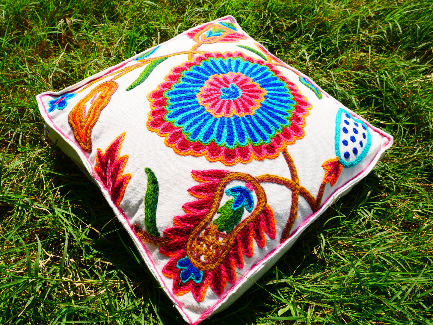 Artisan Kashmiri Embroidered Mandala Cushion Cover – Boho Hippie Floor Pillow for Meditation or Lounge Decor (Cover Only)