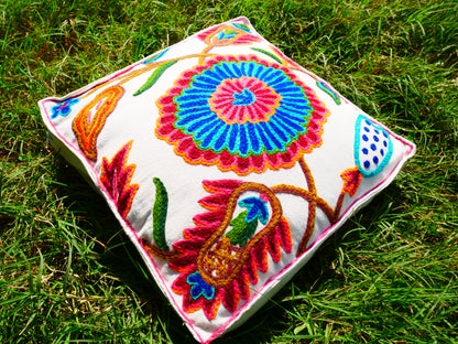 Artisan Kashmiri Embroidered Mandala Cushion Cover – Boho Hippie Floor Pillow for Meditation or Lounge Decor (Cover Only)