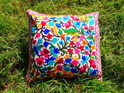 Colorful Kashmiri Crewel Pillow Cover: Handcrafted by Artisans 16x16 inches Handembroidered wool on cotton
