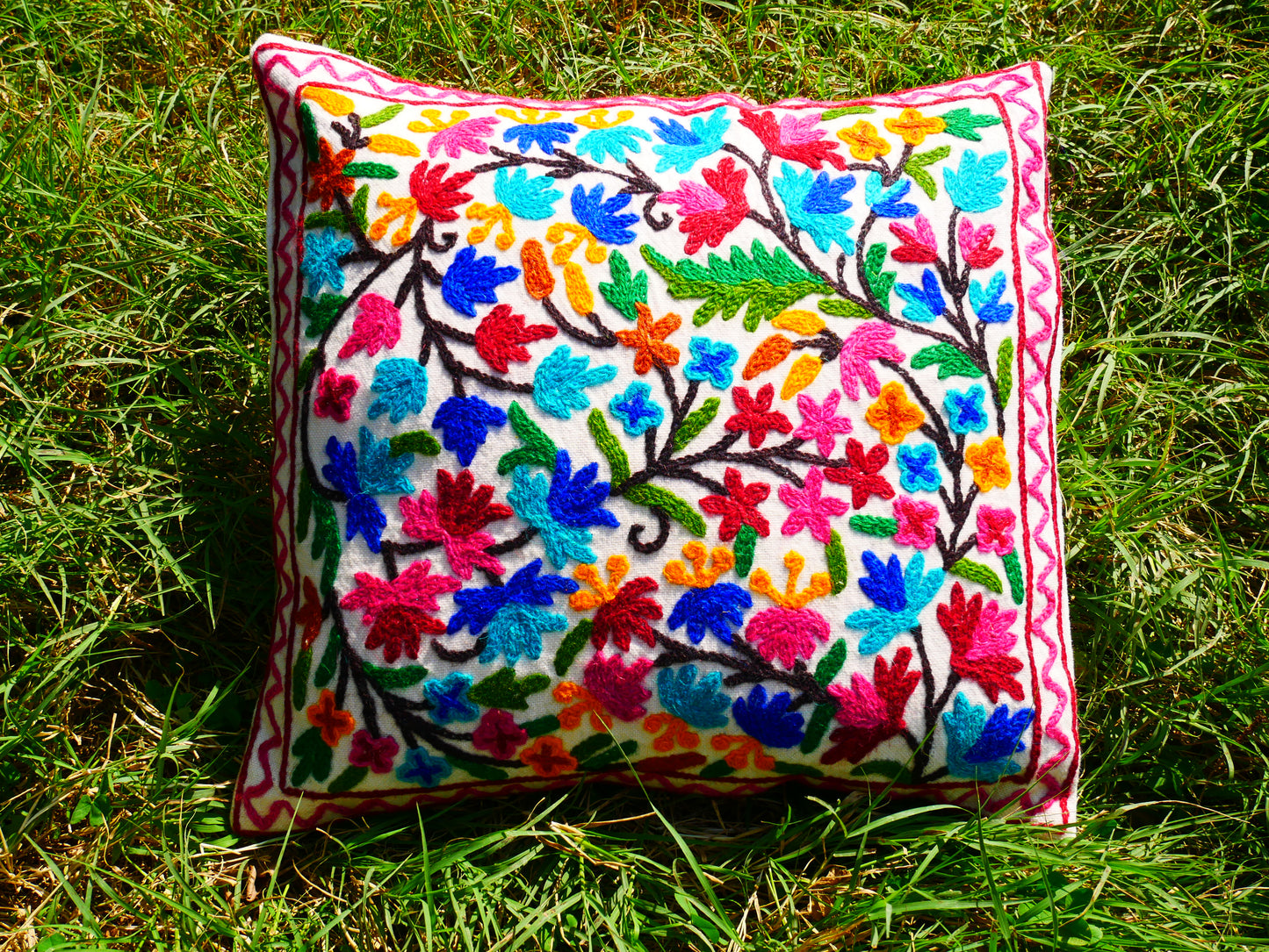 Colorful Kashmiri Crewel Pillow Cover: Handcrafted by Artisans 16x16 inches Handembroidered wool on cotton