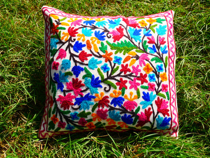 Colorful Kashmiri Crewel Pillow Cover: Handcrafted by Artisans 16x16 inches Handembroidered wool on cotton
