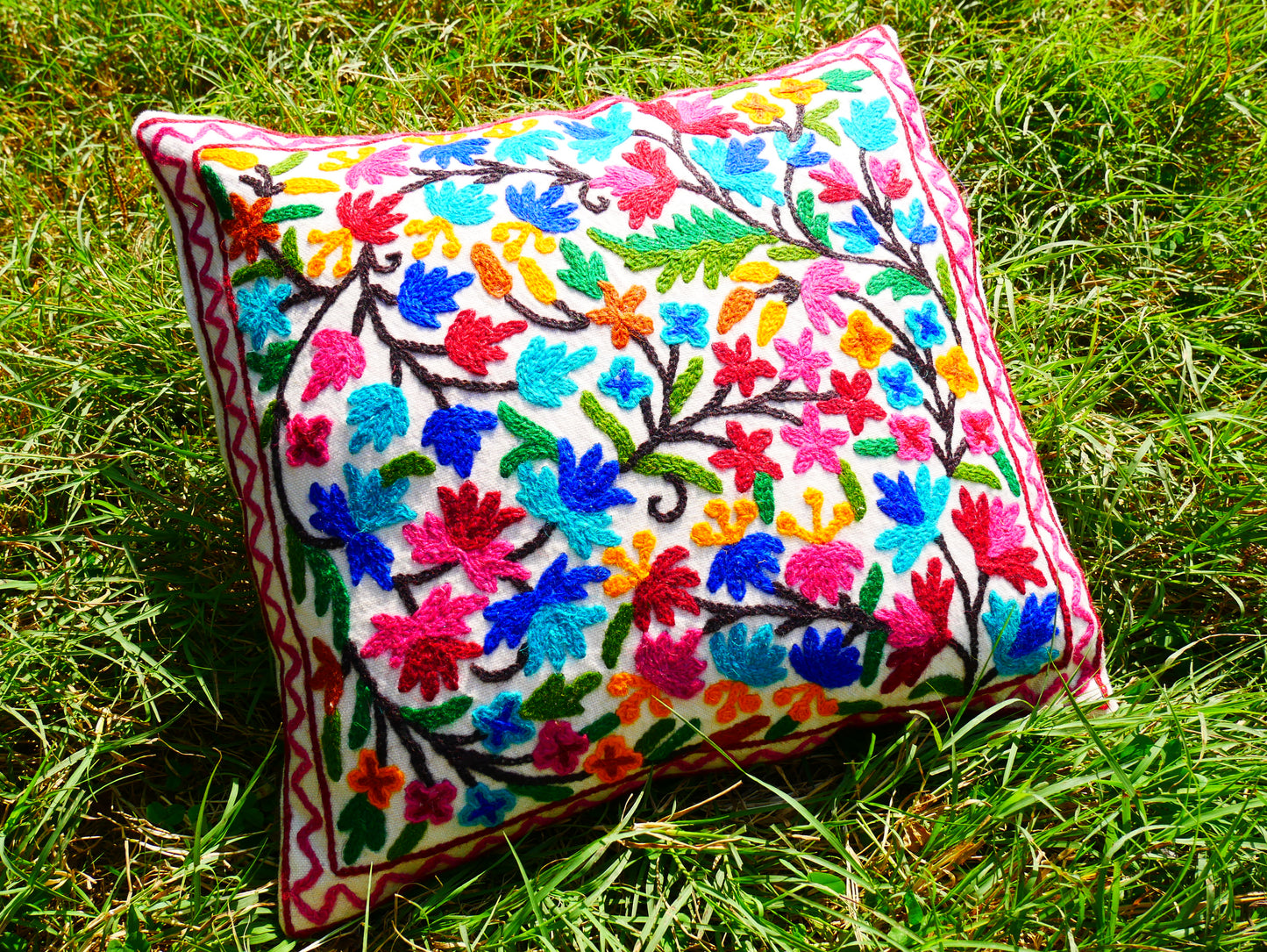 Colorful Kashmiri Crewel Pillow Cover: Handcrafted by Artisans 16x16 inches Handembroidered wool on cotton