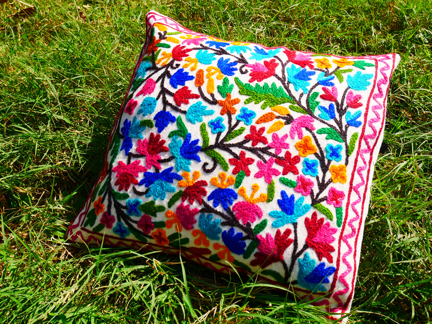 Colorful Kashmiri Crewel Pillow Cover: Handcrafted by Artisans 16x16 inches Handembroidered wool on cotton
