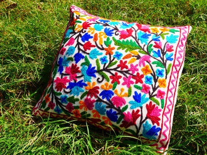 Colorful Kashmiri Crewel Pillow Cover: Handcrafted by Artisans 16x16 inches Handembroidered wool on cotton