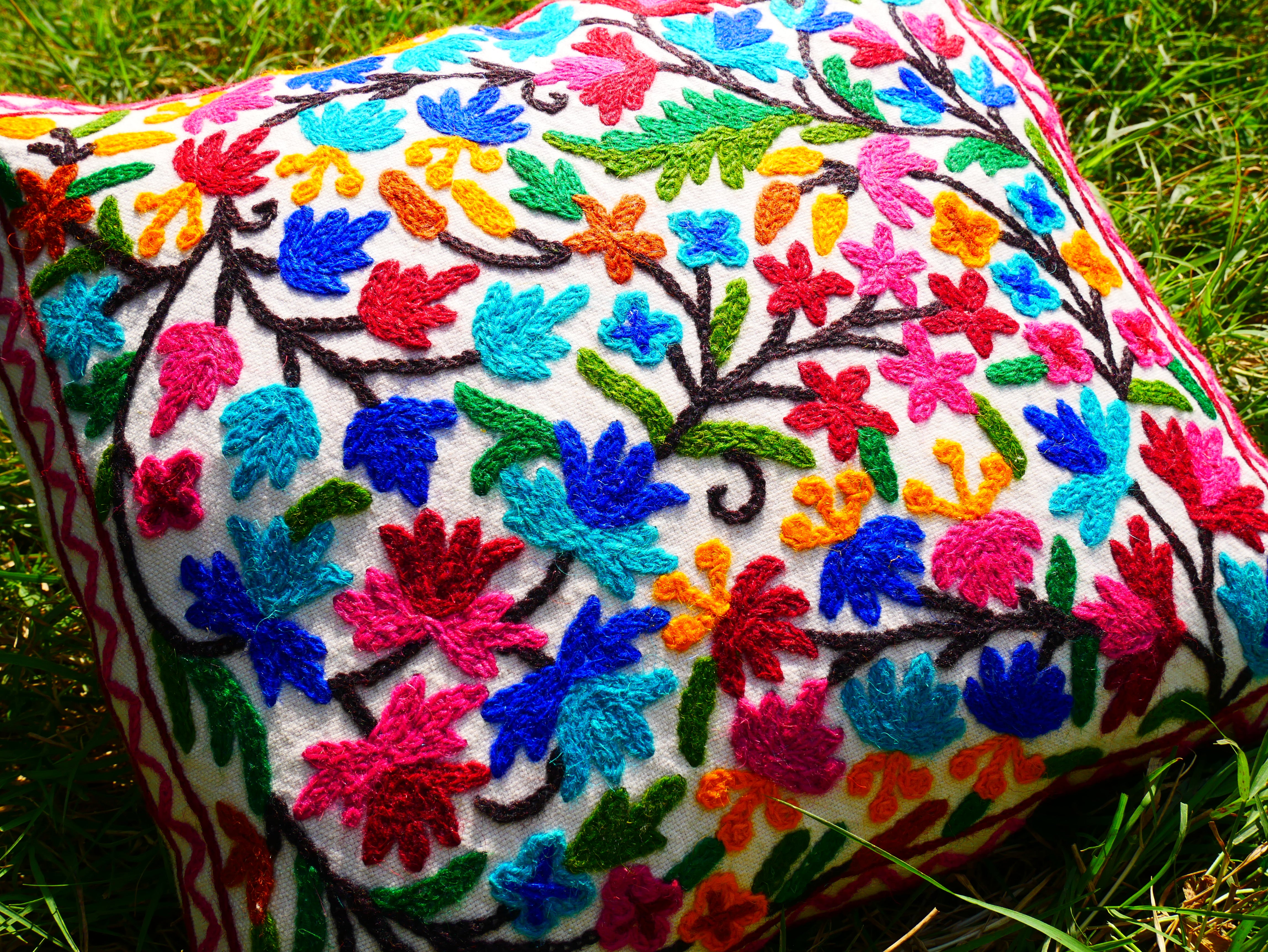 Colorful Kashmiri Crewel Pillow Cover: Handcrafted by Artisans 16x16 inches Handembroidered wool on cotton