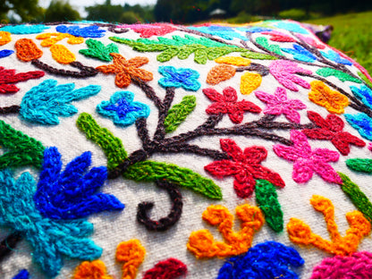 Colorful Kashmiri Crewel Pillow Cover: Handcrafted by Artisans 16x16 inches Handembroidered wool on cotton