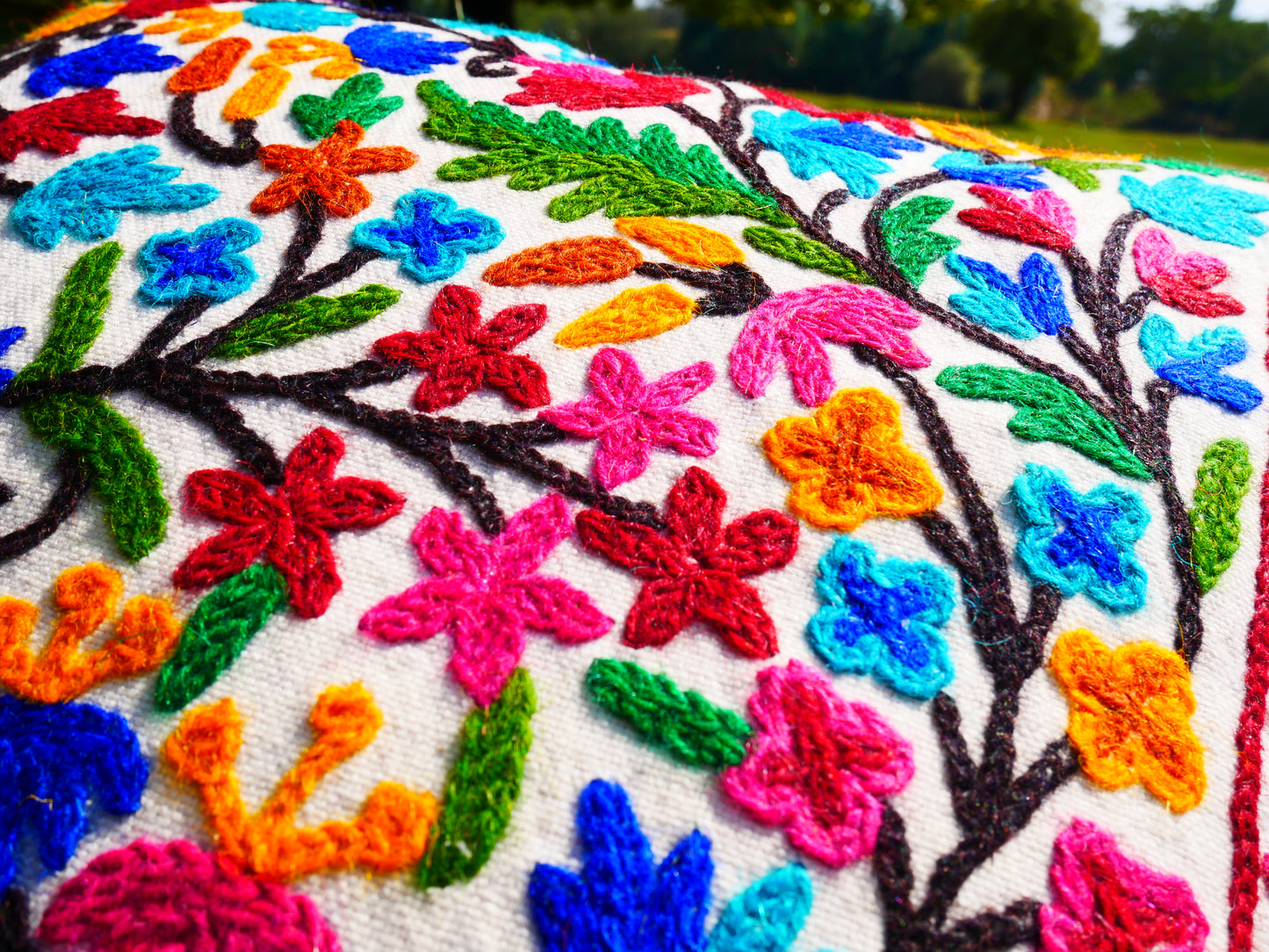Colorful Kashmiri Crewel Pillow Cover: Handcrafted by Artisans 16x16 inches Handembroidered wool on cotton