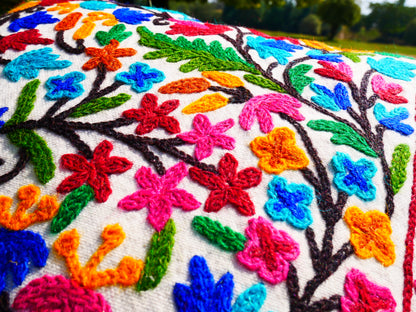 Colorful Kashmiri Crewel Pillow Cover: Handcrafted by Artisans 16x16 inches Handembroidered wool on cotton
