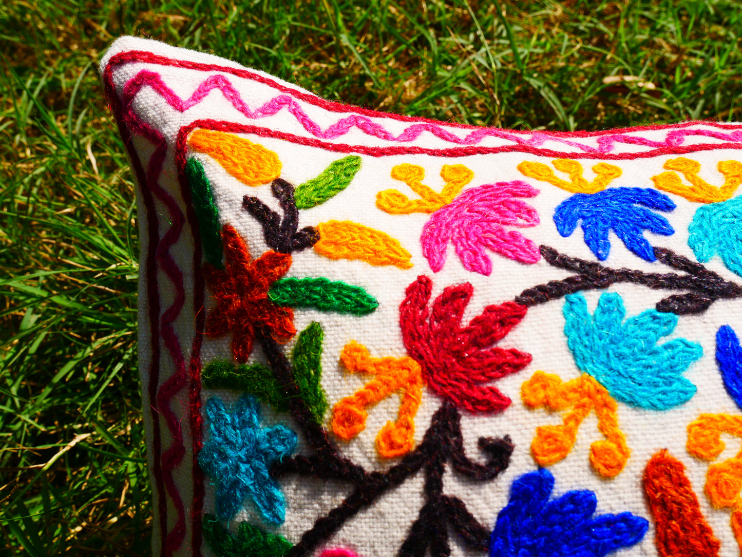 Colorful Kashmiri Crewel Pillow Cover: Handcrafted by Artisans 16x16 inches Handembroidered wool on cotton