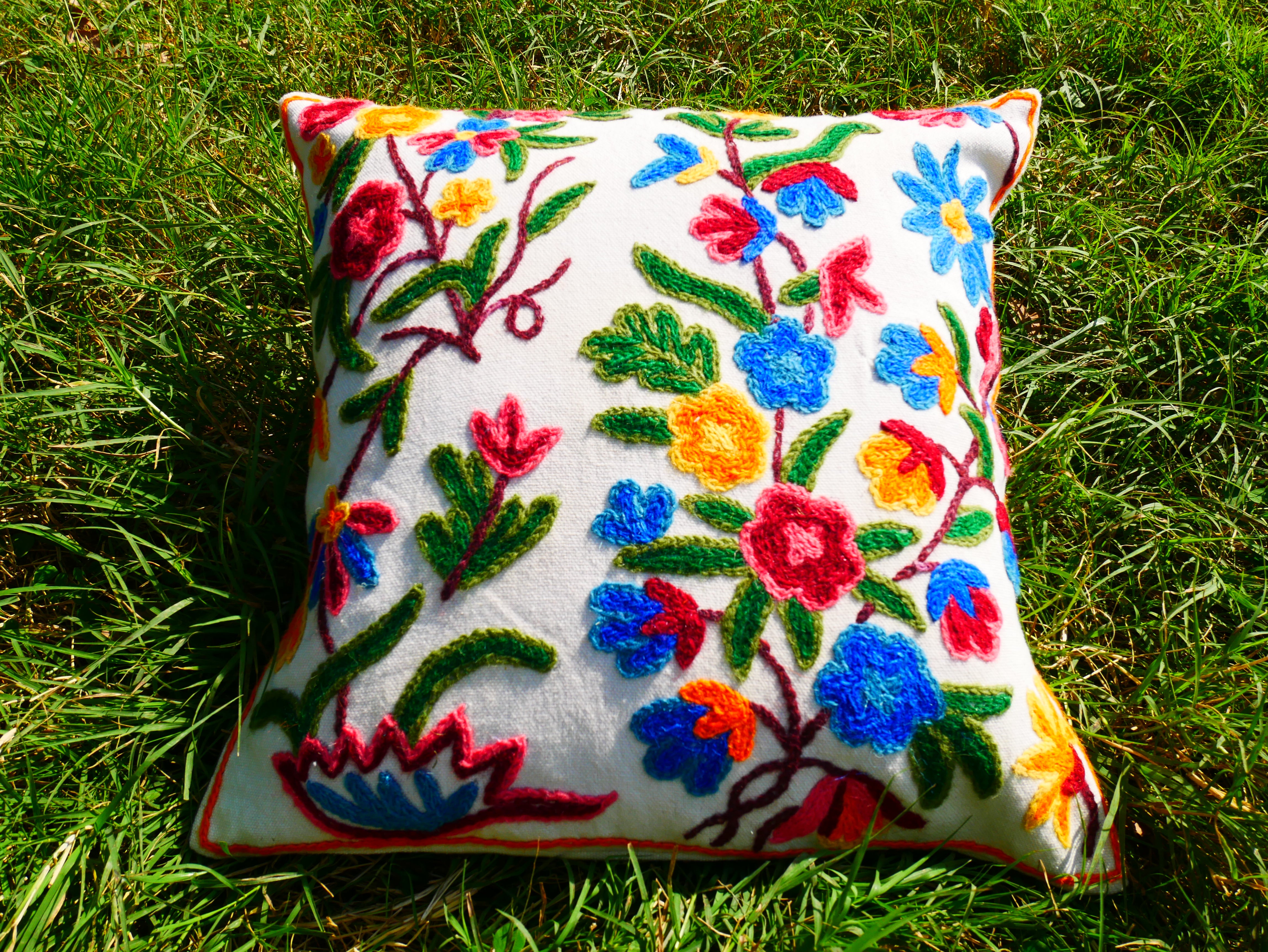 Colorful Kashmiri Crewel Pillow Cover: Handcrafted by Artisans 16x16 inches Handembroidered wool on cotton