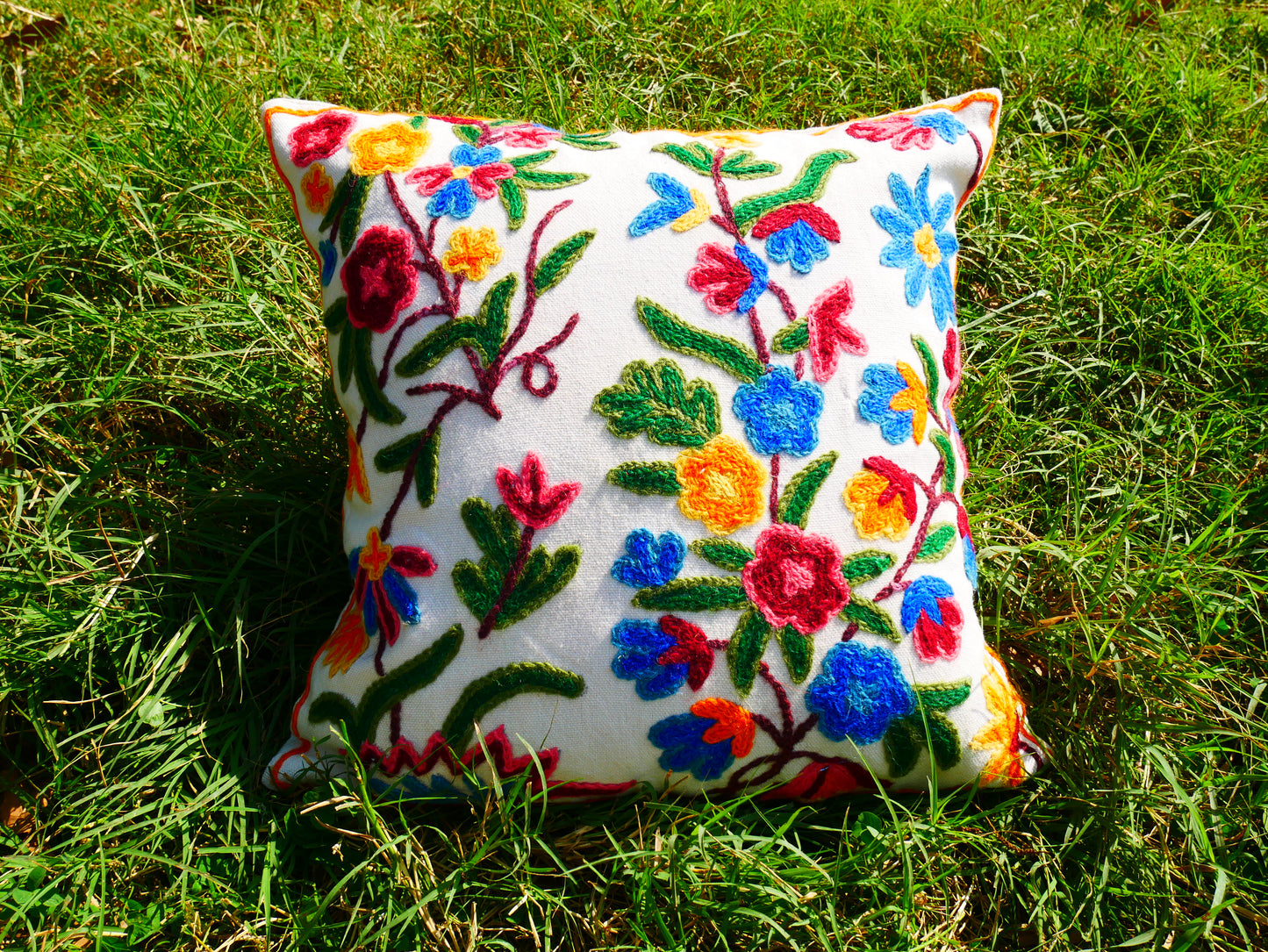 Colorful Kashmiri Crewel Pillow Cover: Handcrafted by Artisans 16x16 inches Handembroidered wool on cotton