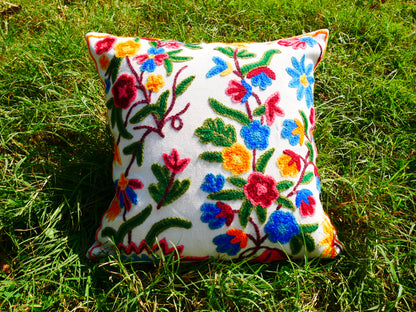 Colorful Kashmiri Crewel Pillow Cover: Handcrafted by Artisans 16x16 inches Handembroidered wool on cotton