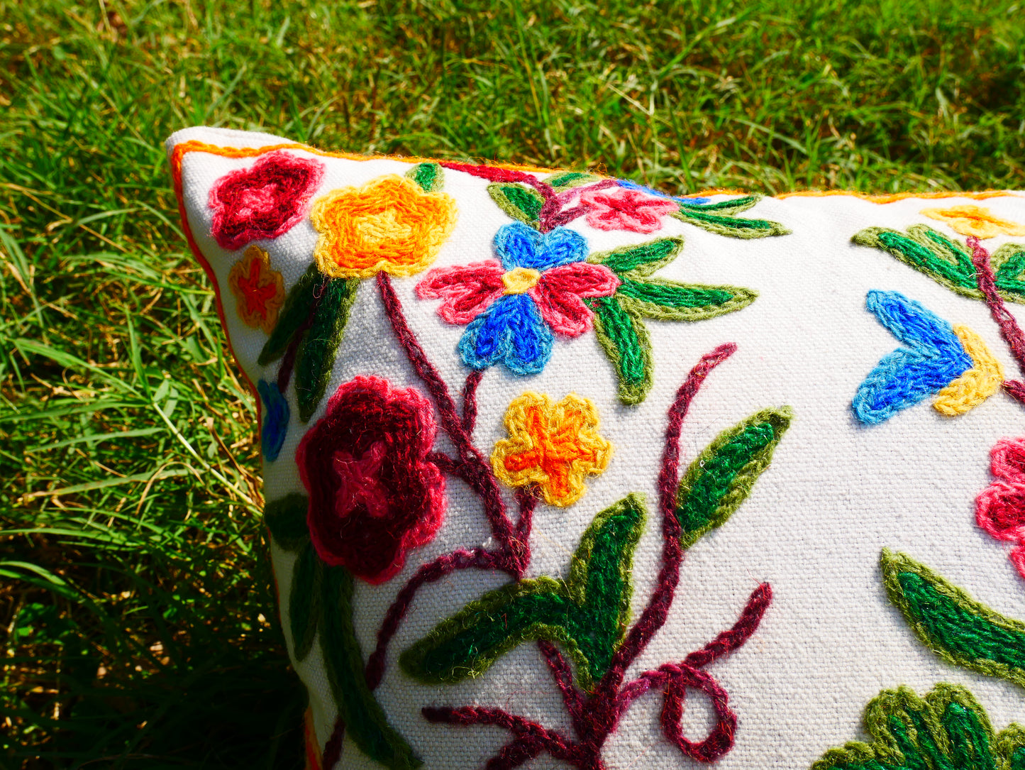Colorful Kashmiri Crewel Pillow Cover: Handcrafted by Artisans 16x16 inches Handembroidered wool on cotton