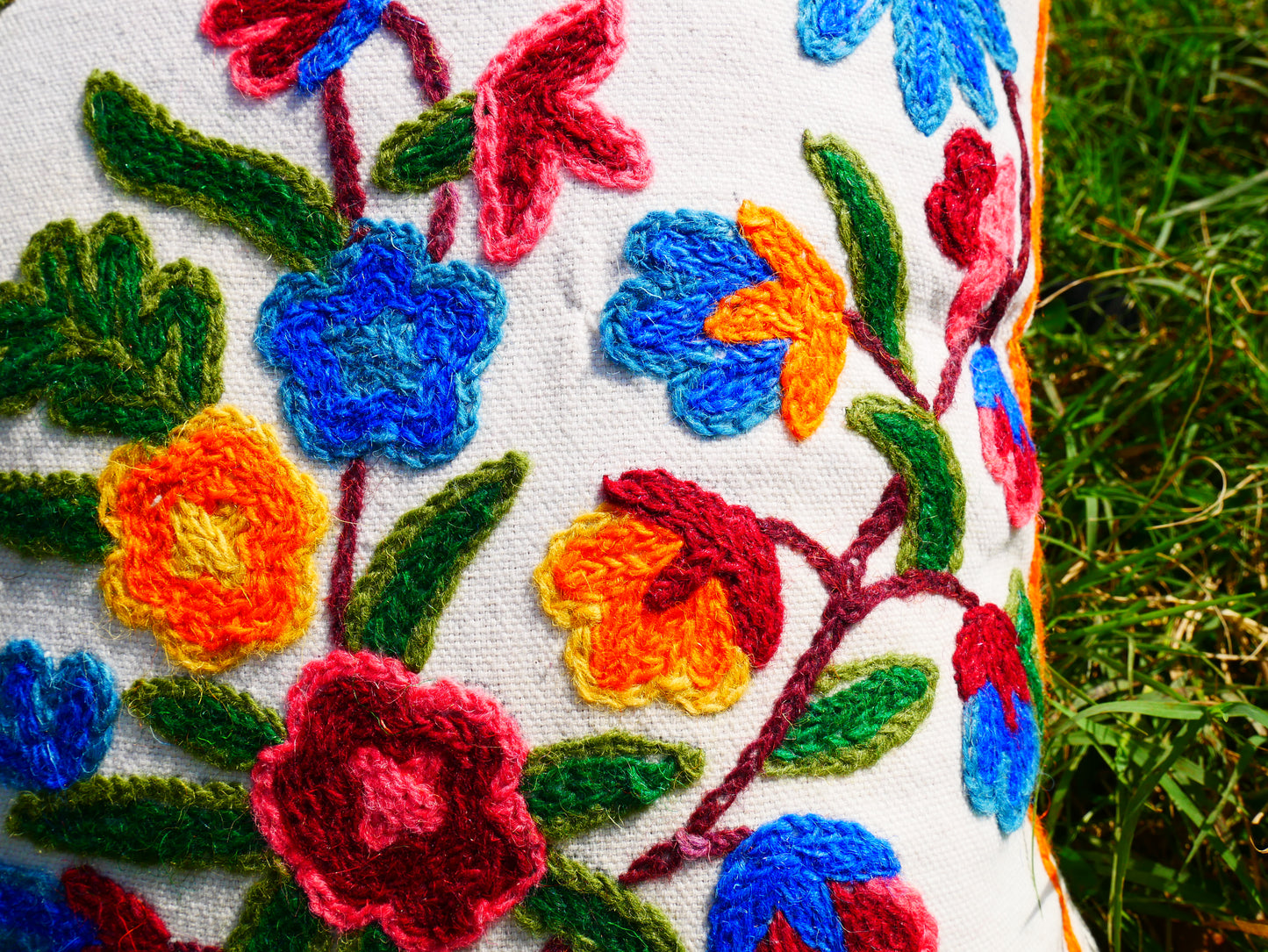 Colorful Kashmiri Crewel Pillow Cover: Handcrafted by Artisans 16x16 inches Handembroidered wool on cotton