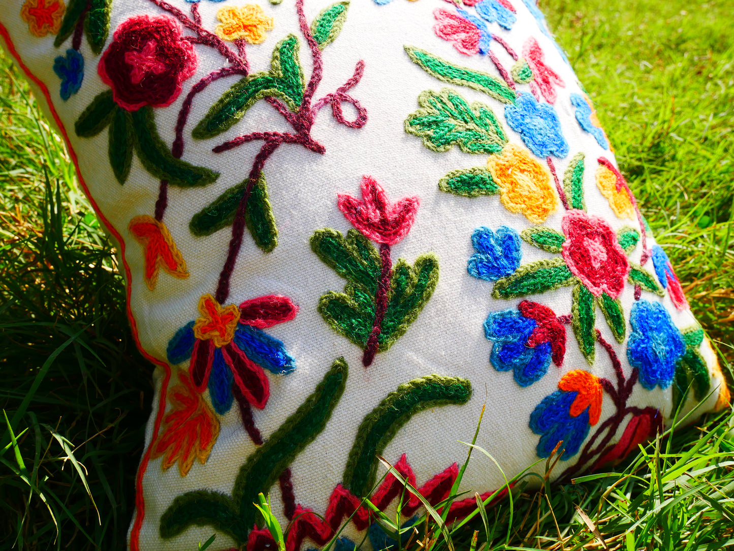Colorful Kashmiri Crewel Pillow Cover: Handcrafted by Artisans 16x16 inches Handembroidered wool on cotton