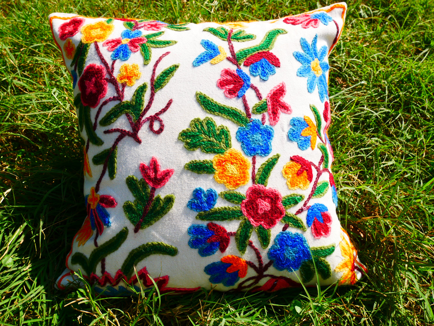 Colorful Kashmiri Crewel Pillow Cover: Handcrafted by Artisans 16x16 inches Handembroidered wool on cotton