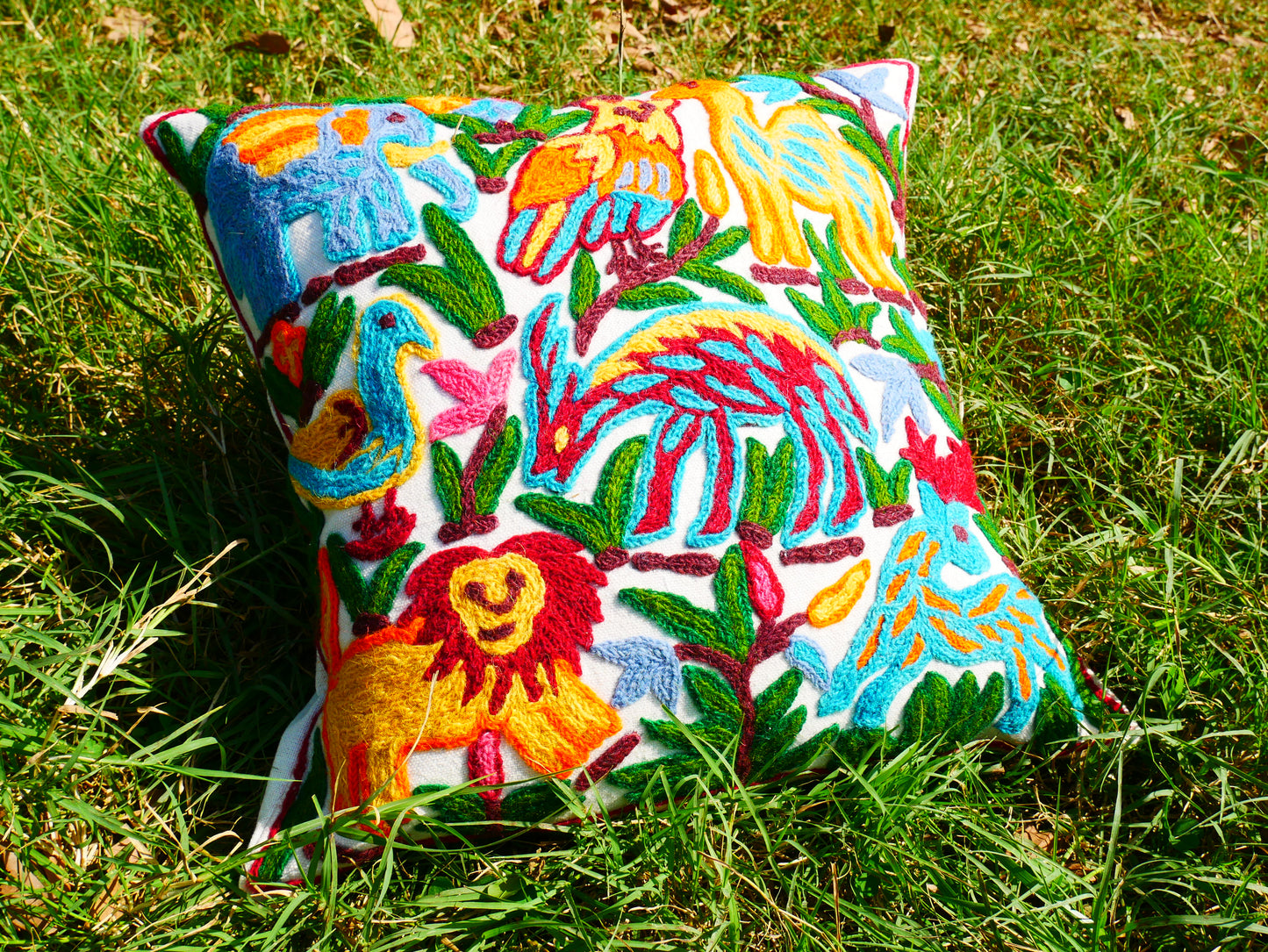Colorful Crewel Pillow Cover "Boho Jungle" Handcrafted by Artisans 16x16 inches Kashmiri Embroidery Pillow